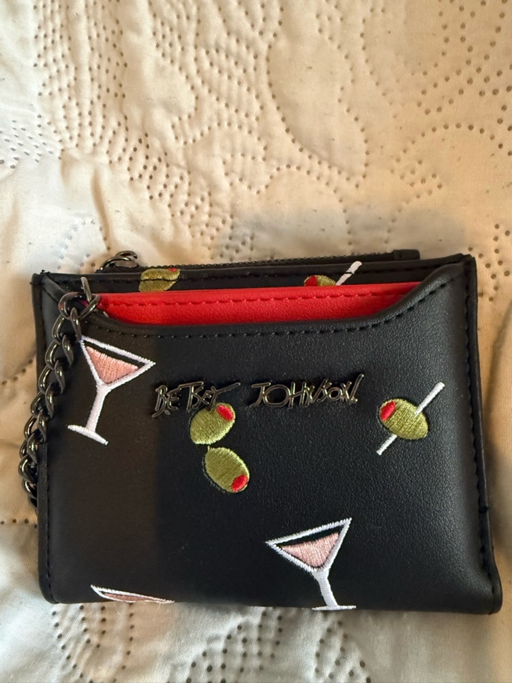 Betsey Johnson Black Wallet with Martini & Olive Embroidery